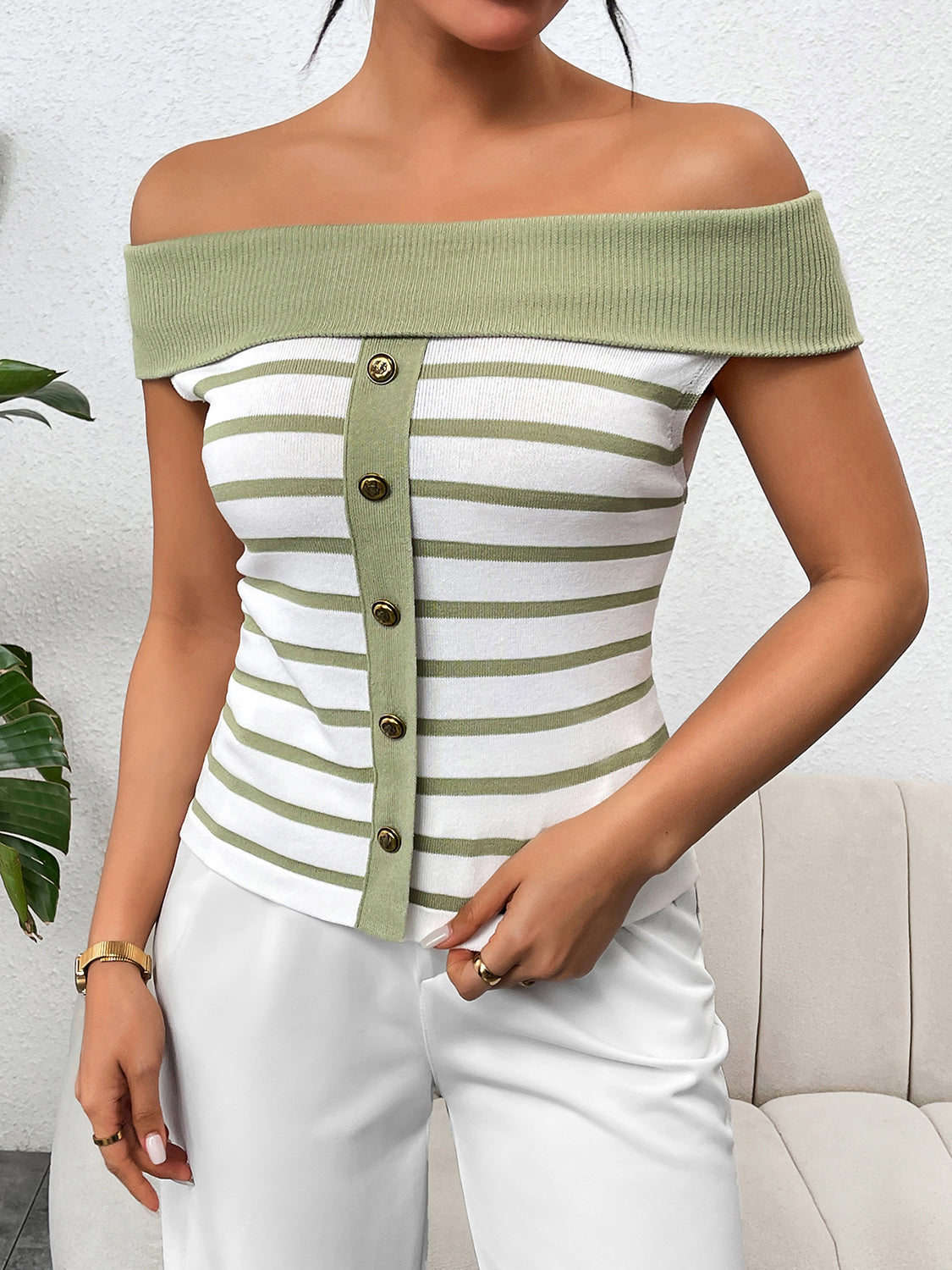 Decorative Button Striped Off-Shoulder Knit Top - Charming Charlie