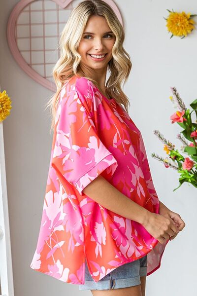 First Love Slit Printed Round Neck Half Sleeve Blouse - Charming Charlie