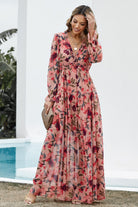 Floral Frill Trim Sleeve Plunge Maxi Dress - Sand / S Floral Frill Trim Sleeve Plunge Maxi Dress - Sand / S