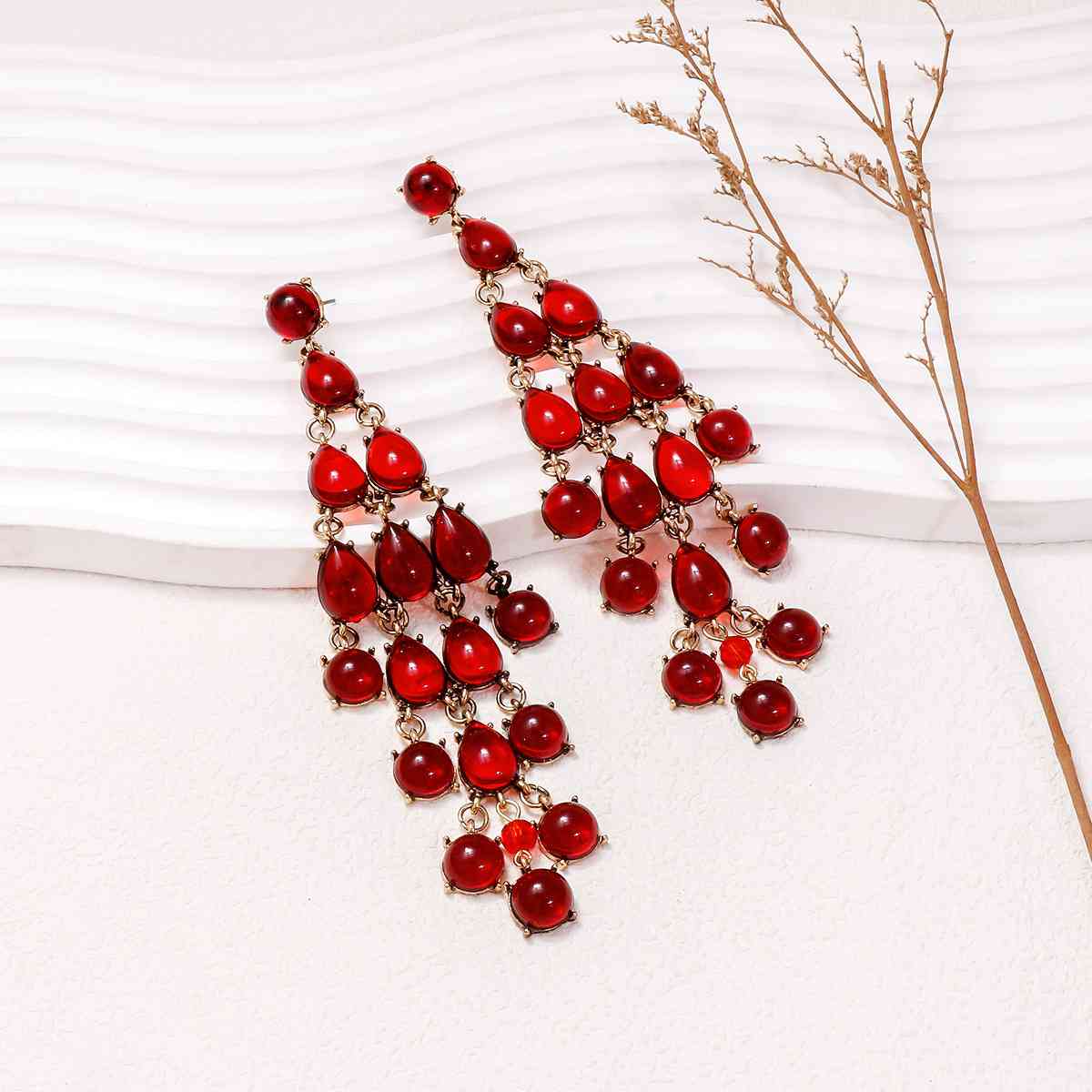 Long Golden Earring with 3 Layer of Crystal Red Pearls