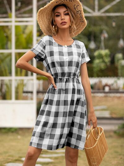 Smocked Plaid Round Neck Short Sleeve Dress Black / M Smocked Plaid Round Neck Short Sleeve Dress Black / M