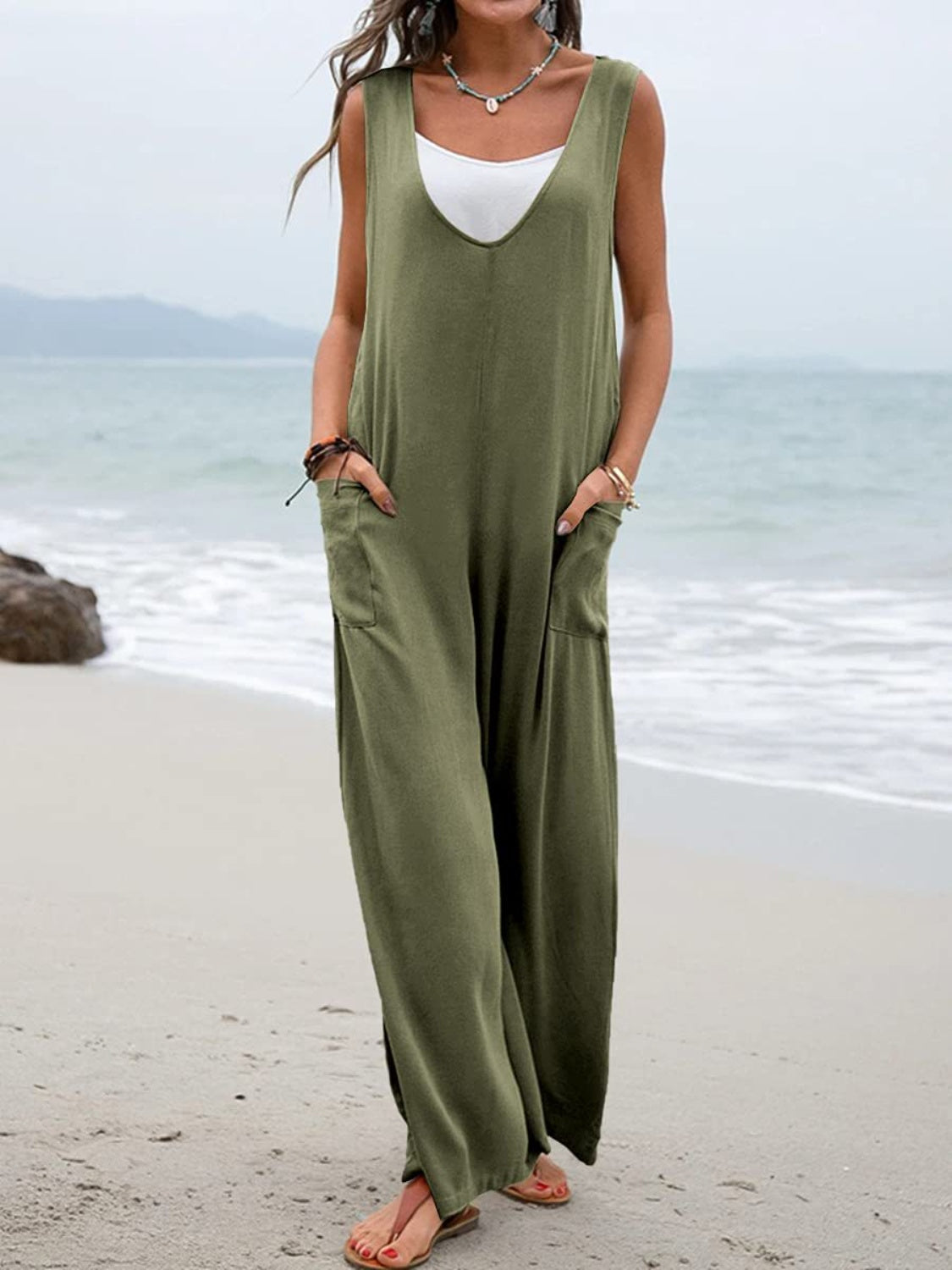 Full Size Wide Strap Jumpsuit with Pockets - Charming Charlie
