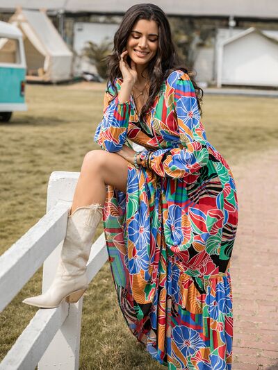 Printed Smocked Tie Neck Balloon Sleeve Maxi Dress Multicolor / L Printed Smocked Tie Neck Balloon Sleeve Maxi Dress Multicolor / L