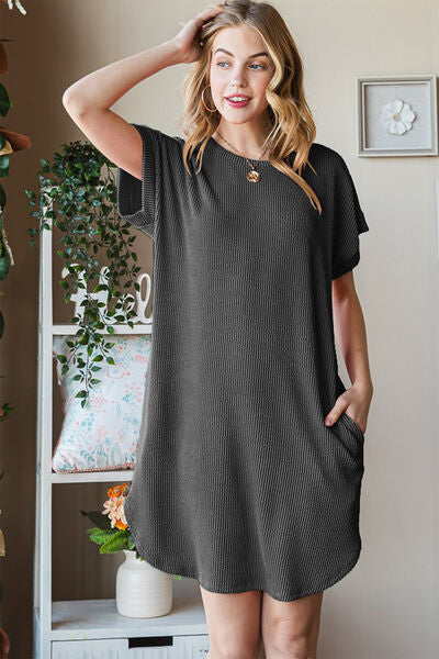 Heimish Full Size Ribbed Round Neck Short Sleeve Tee Dress - Charming Charlie
