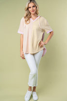 White Birch Full Size Striped Short Sleeve Drawstring Hooded Top - Charming Charlie