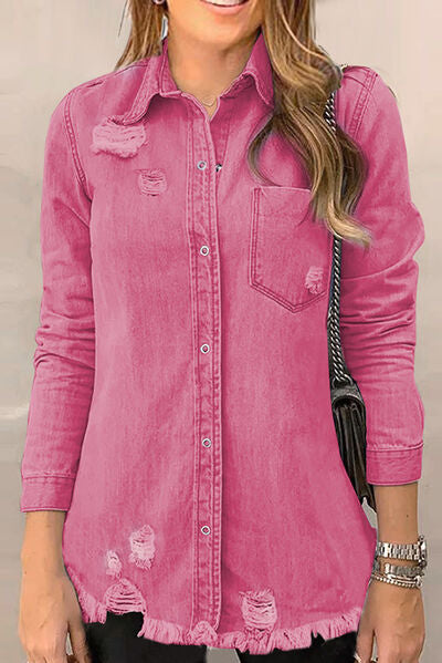 Distressed Raw Hem Snap Down Denim Jacket - Charming Charlie