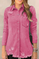 Distressed Raw Hem Snap Down Denim Jacket - Charming Charlie