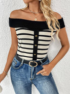 Decorative Button Striped Off-Shoulder Knit Top - Charming Charlie