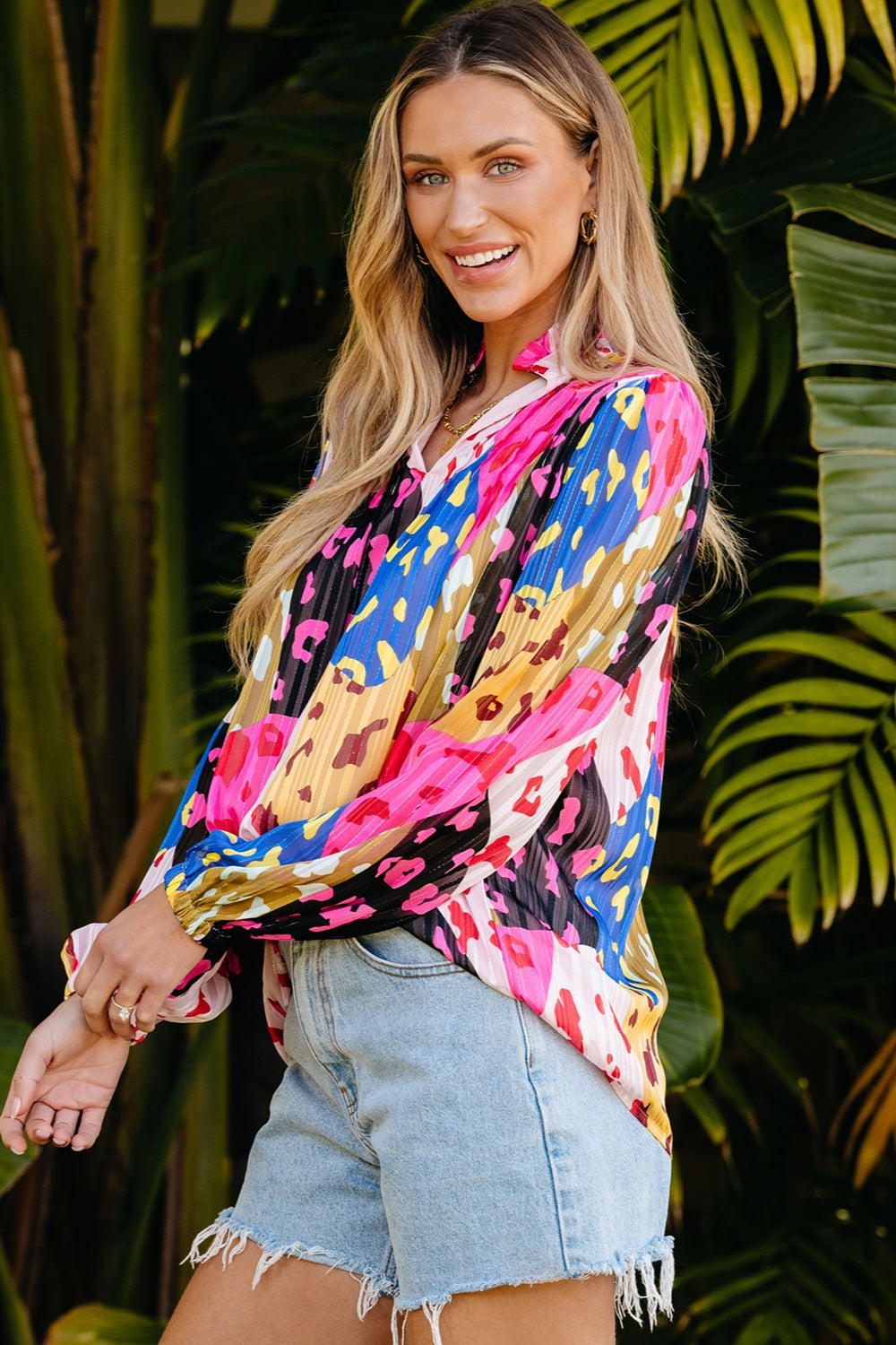 Printed Notched Long Sleeve Blouse - Charming Charlie