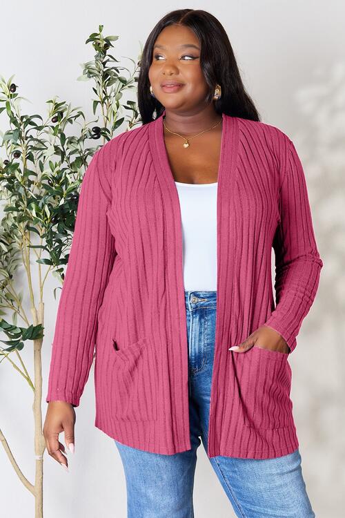 Basic Bae Full Size Ribbed Open Front Cardigan with Pockets - Charming Charlie