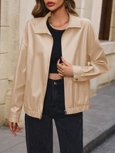 Pocketed Zip Up Collared Neck Jacket - Charming Charlie