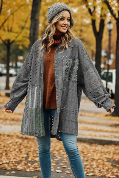 Openwork Button Up Long Sleeve Shacket - Charming Charlie