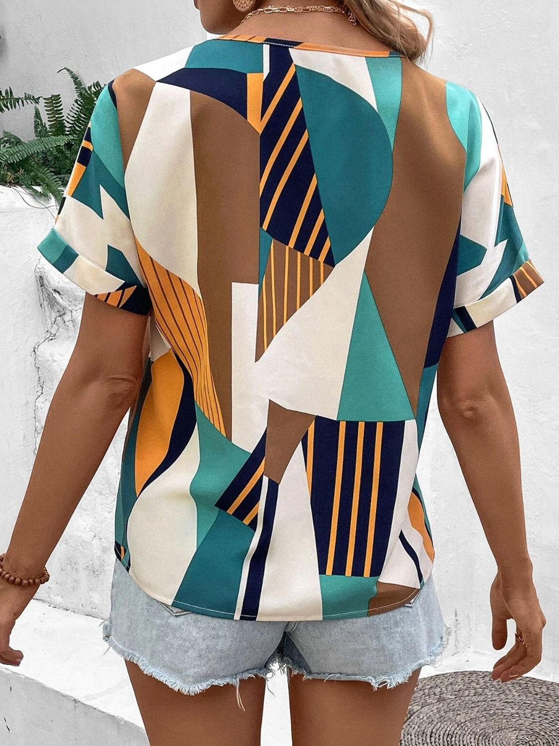 Printed V-Neck Short Sleeve Blouse - Charming Charlie