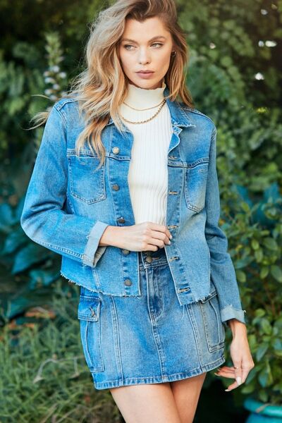 Veveret Button Up Raw Hem Denim Jacket - Charming Charlie