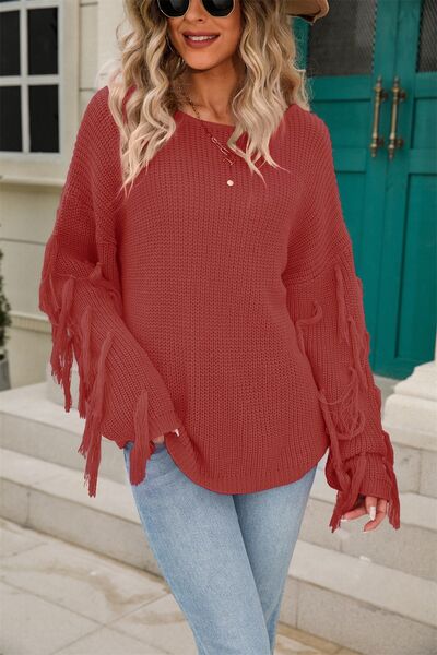 Fringe Round Neck Dropped Shoulder Sweater - Charming Charlie