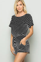 Heimish Full Size Striped Round Neck Short Sleeve Romper - Charming Charlie