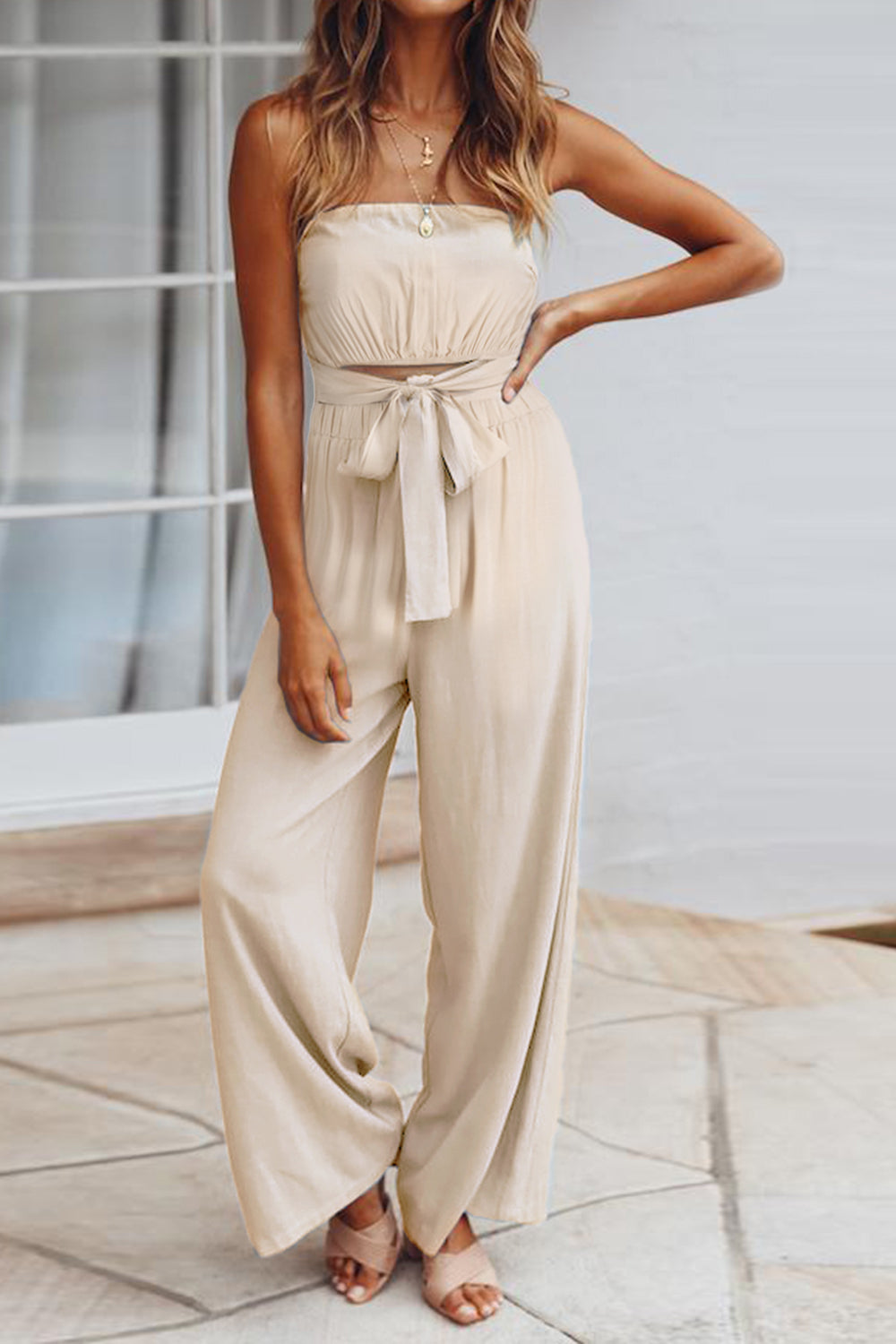 Tied Cutout Tube Wide Leg Jumpsuit - Charming Charlie