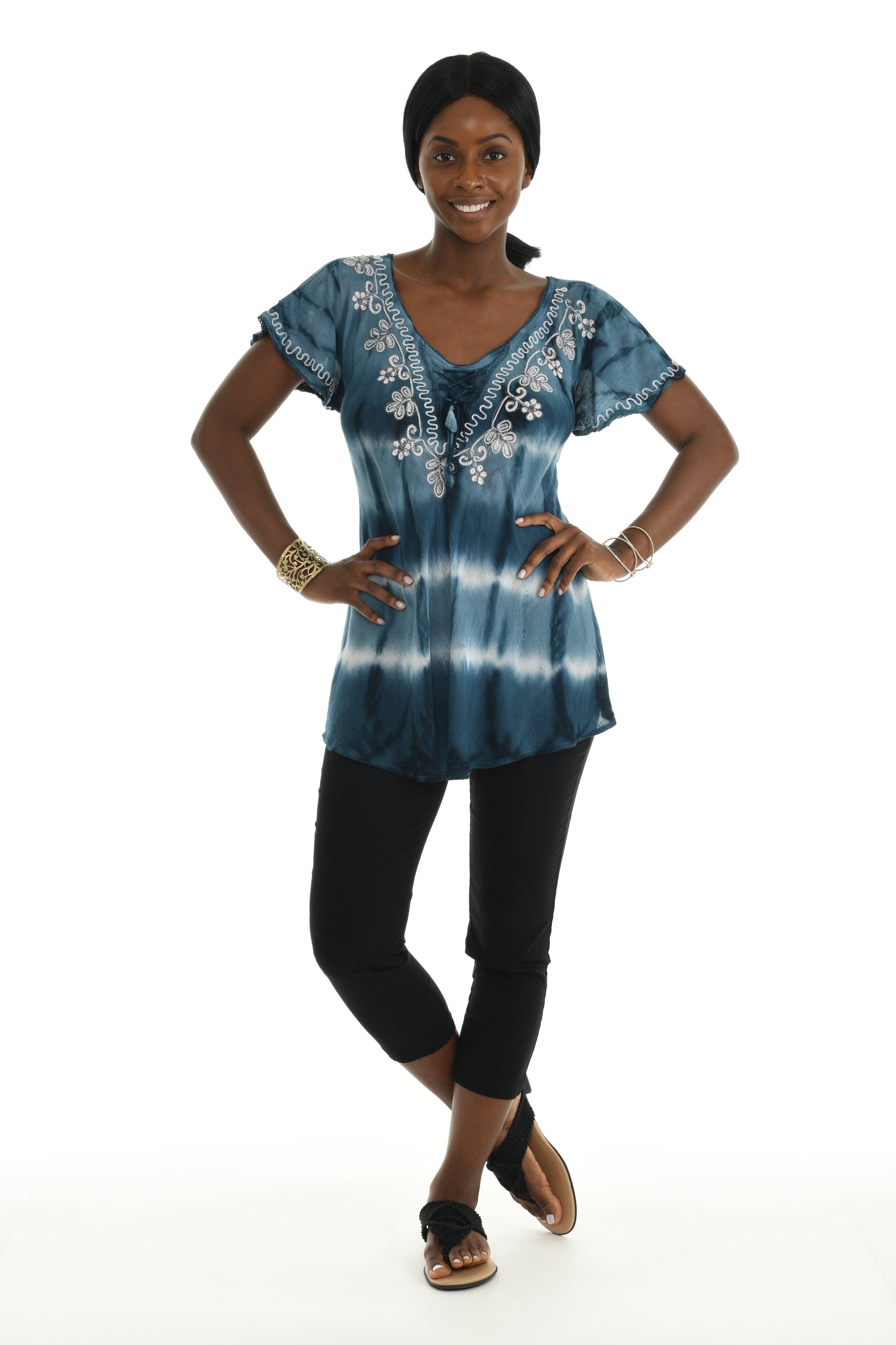 Tie-Dye Floral V-Neck Top - Shoreline Wear, Inc.