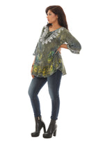 Dark Tie Dye Tunic with Floral Embroidered Embellished Neckline - Charming Charlie