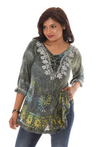 Dark Tie Dye Tunic with Floral Embroidered Embellished Neckline - Charming Charlie