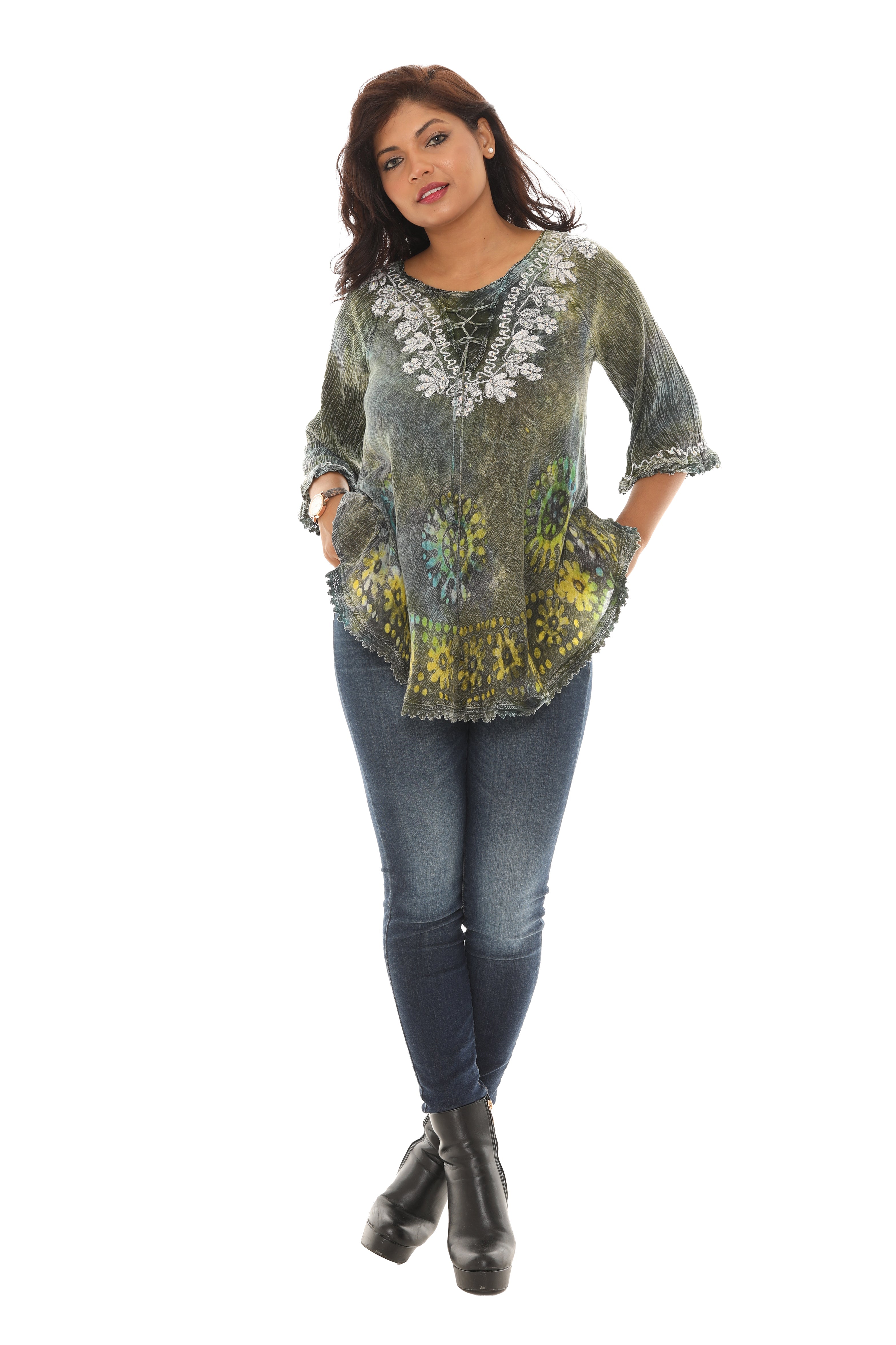 Dark Tie Dye Tunic with Floral Embroidered Embellished Neckline - Charming Charlie