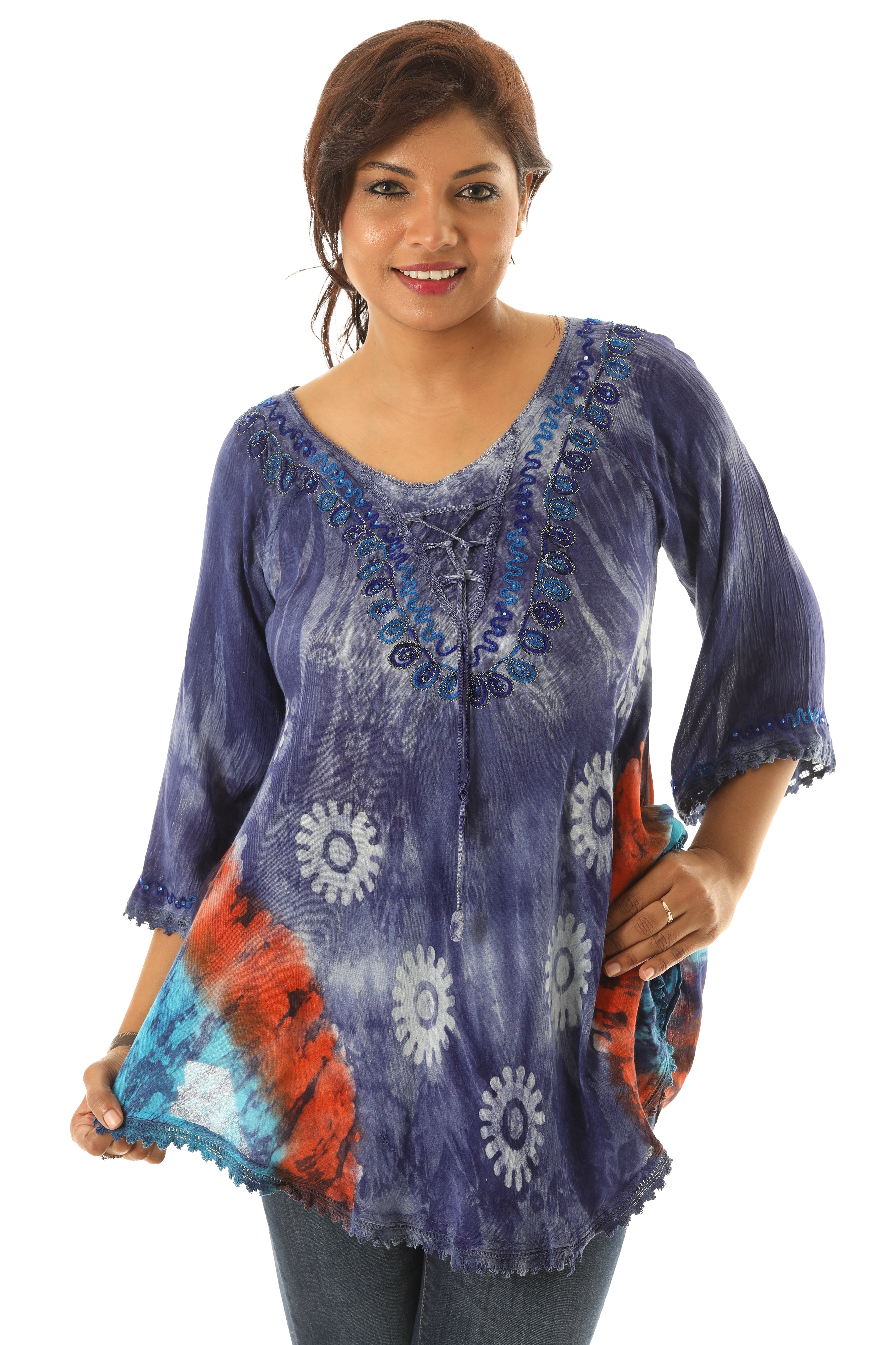 Bold Floral Pattern Orange Accent Tie Dye Rayon Tunic - Charming Charlie
