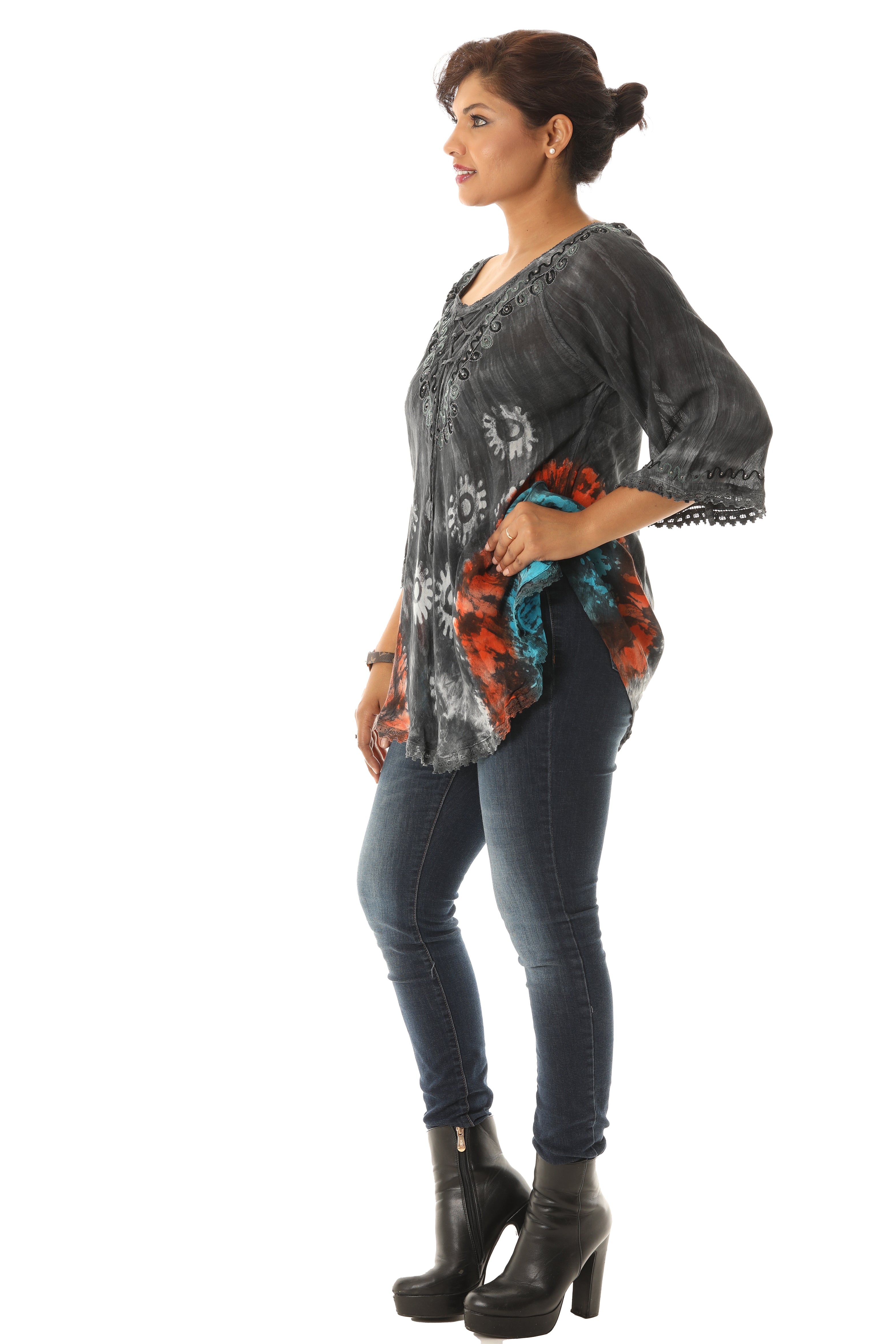 Bold Floral Pattern Orange Accent Tie Dye Rayon Tunic - Charming Charlie