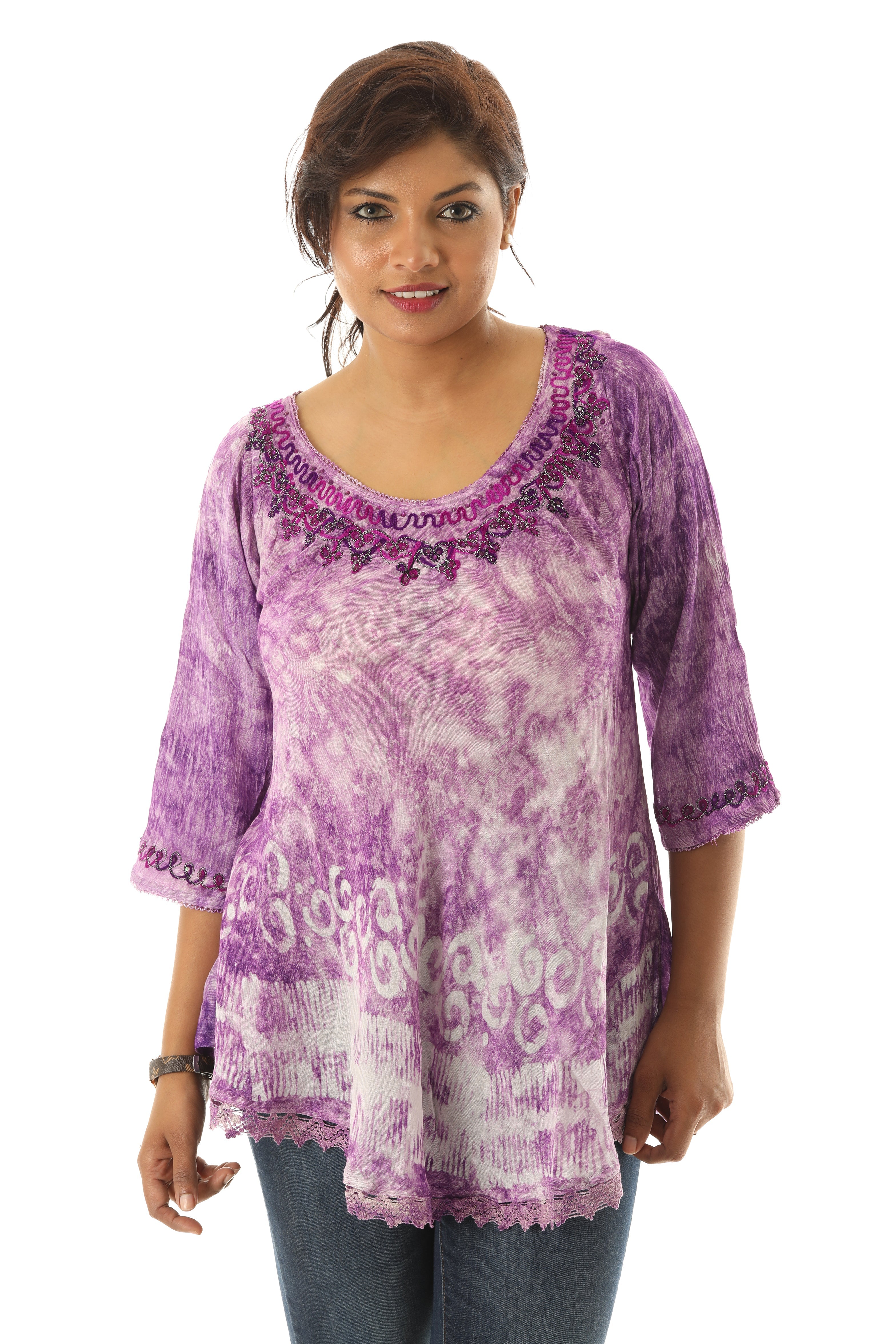 Floral Embroidered Neckline Tunic Rayon Top