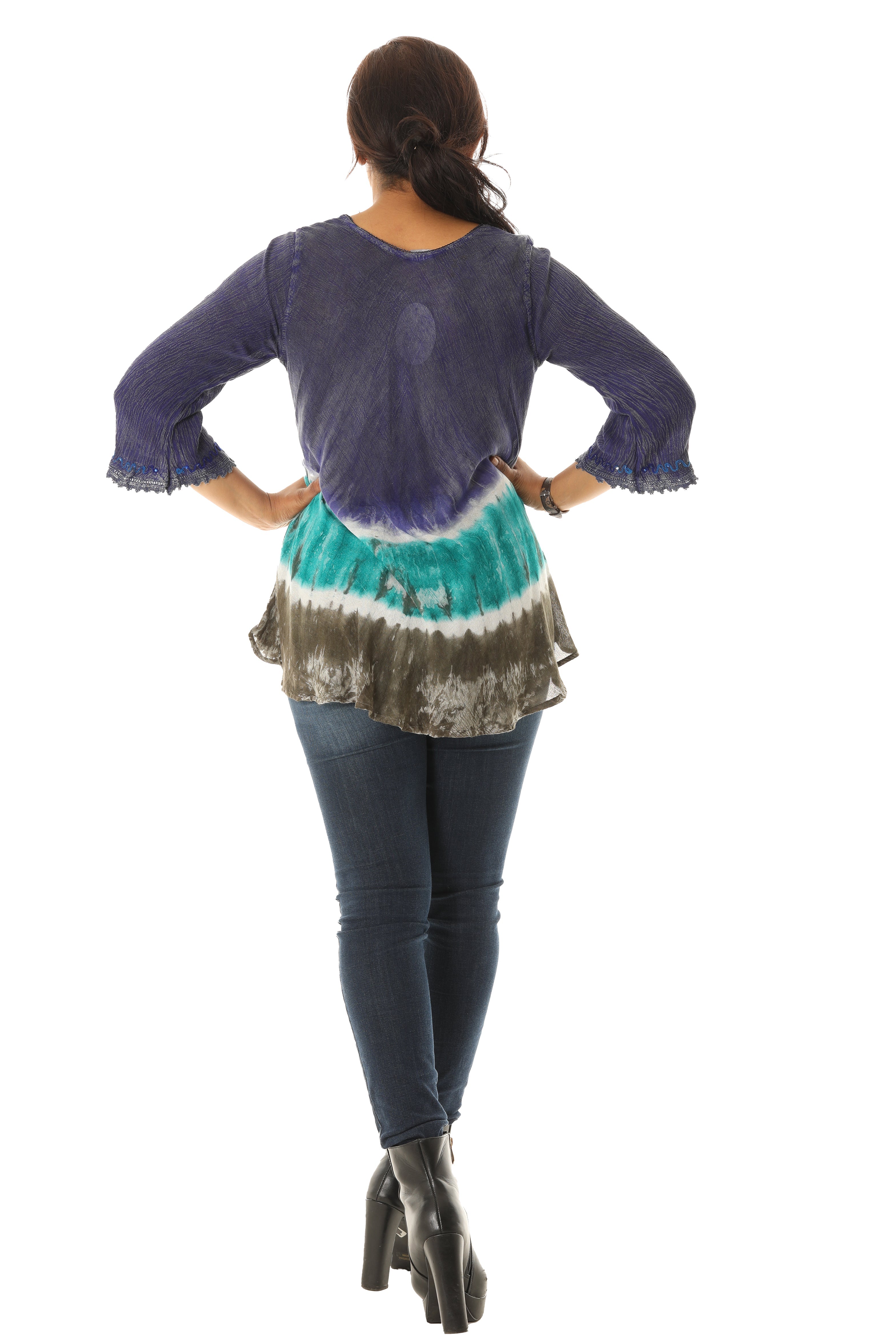 Three Quarter Sleeve Tunic with Floral Embellishment and Bold Color Pattern - Charming Charlie