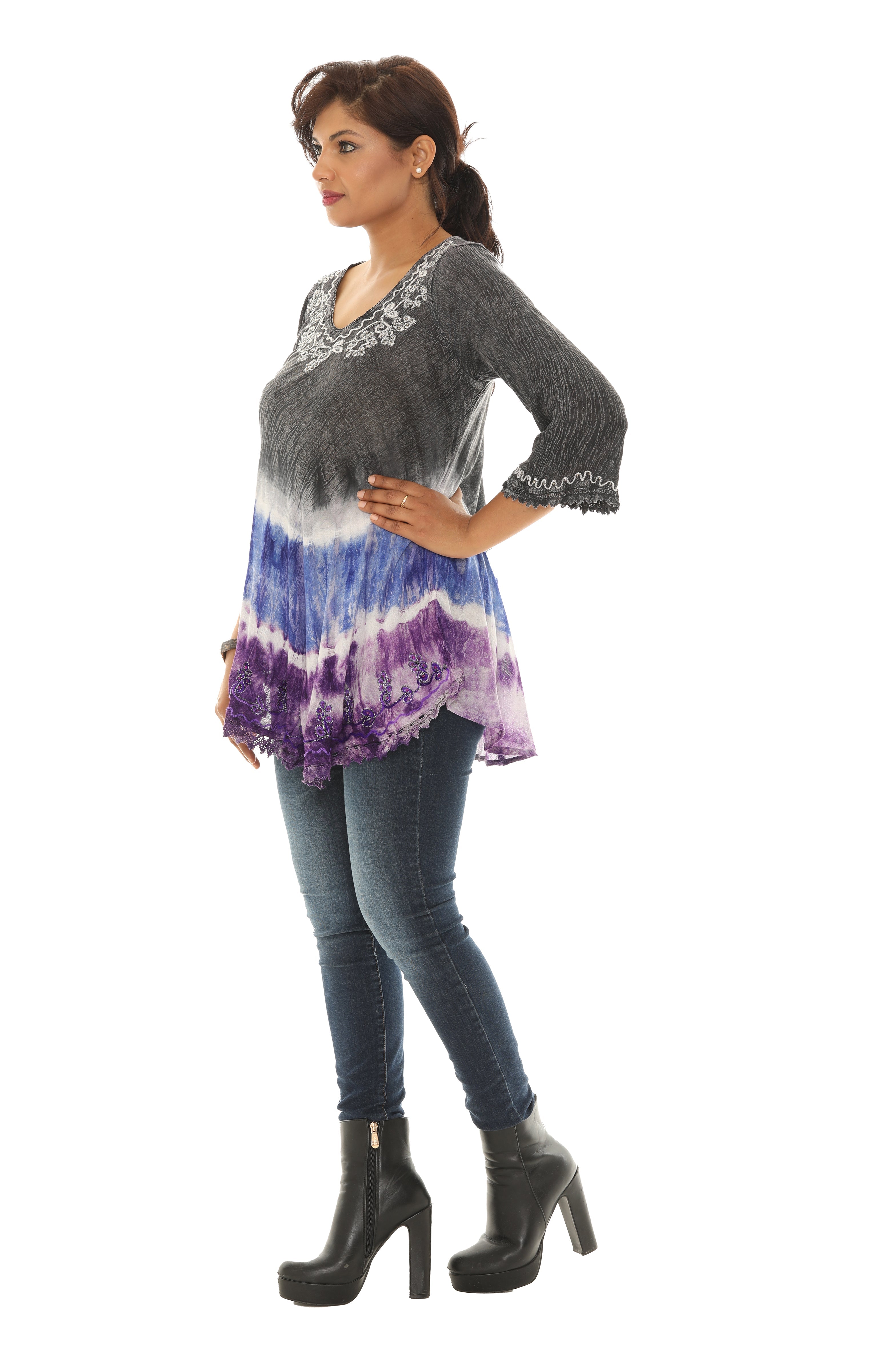 Three Quarter Sleeve Tunic with Floral Embellishment and Bold Color Pattern - Charming Charlie
