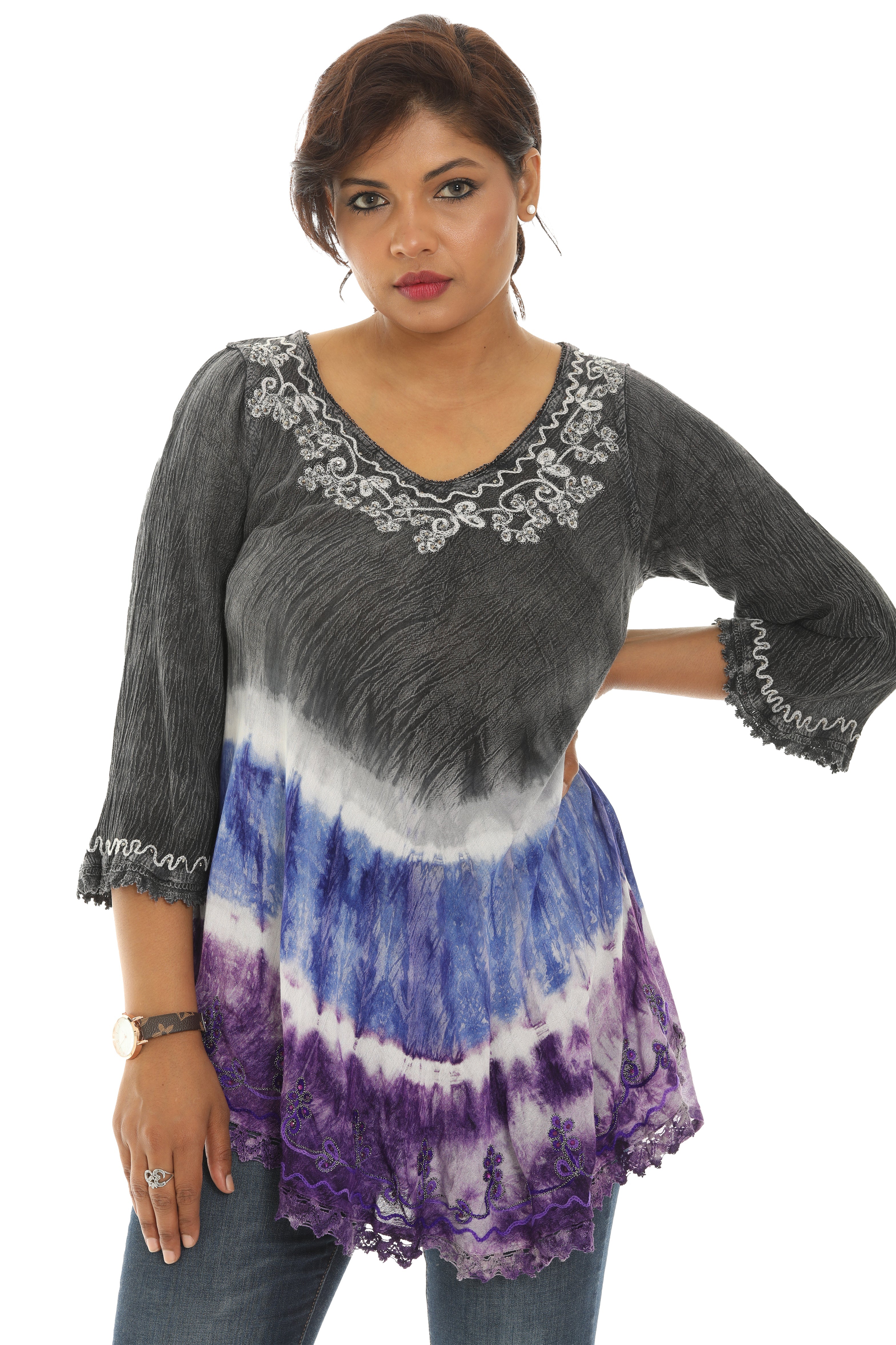 Three Quarter Sleeve Tunic with Floral Embellishment and Bold Color Pattern - Charming Charlie
