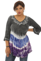 Three Quarter Sleeve Tunic with Floral Embellishment and Bold Color Pattern - Charming Charlie