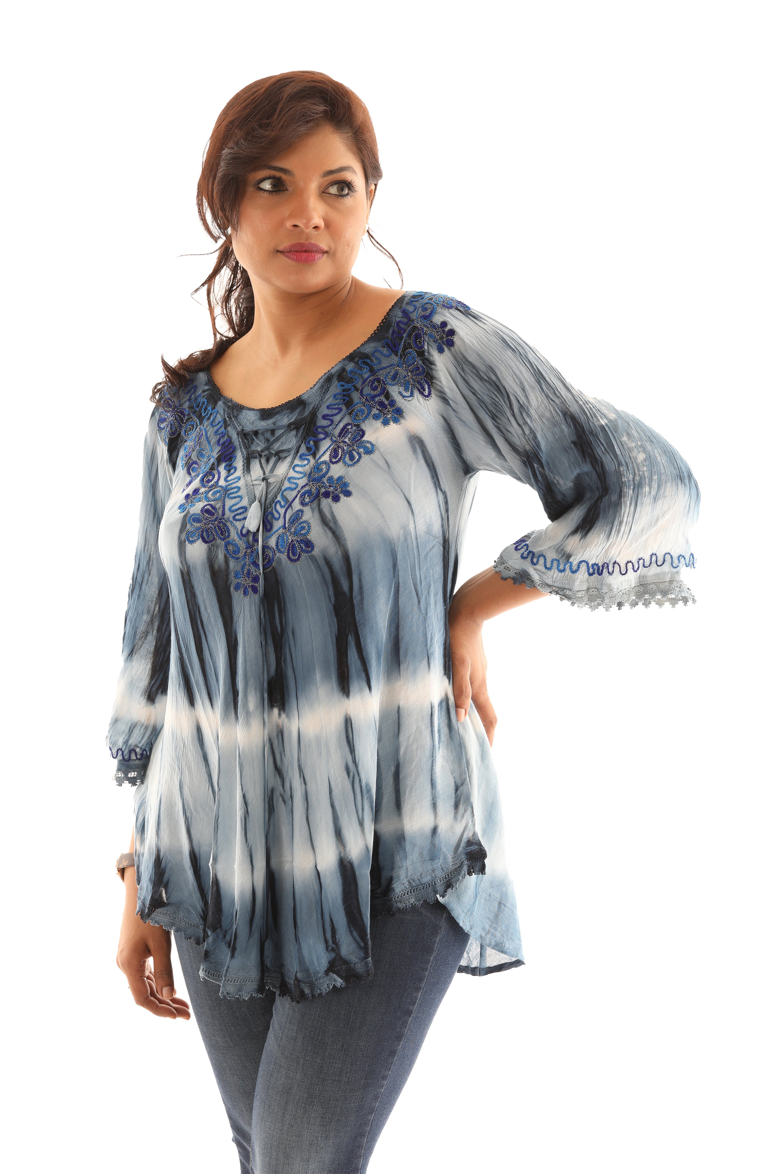 Tie Dye Stripe Pattern with Floral Embroidered Neck Line