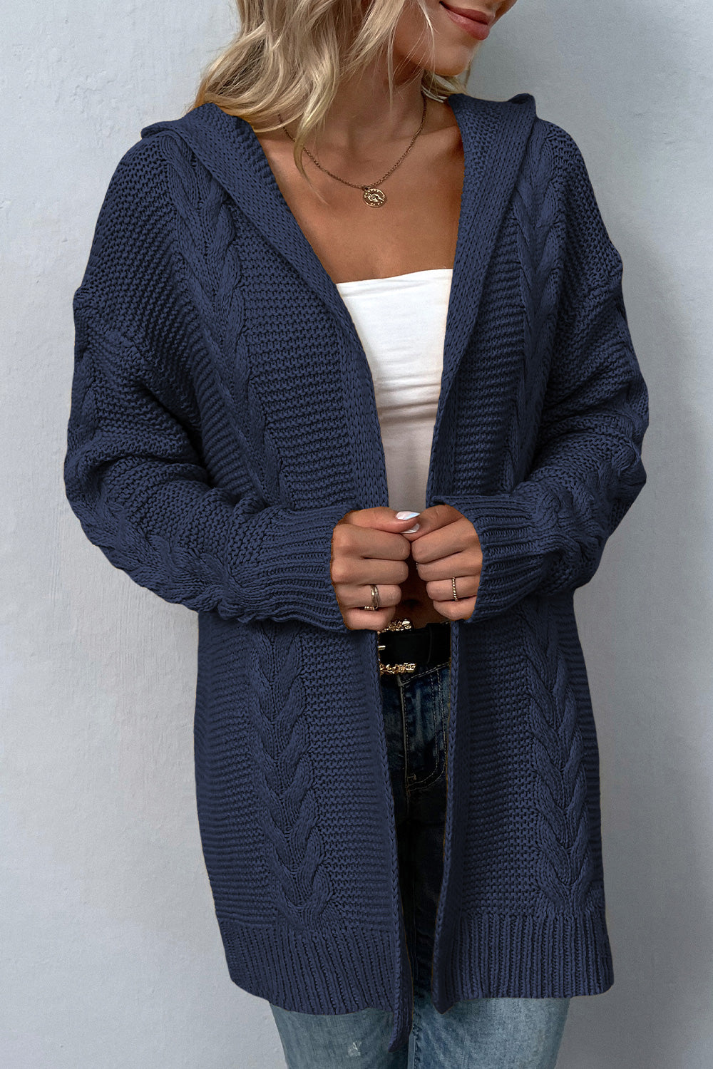 Long hooded cable knit on sale cardigan