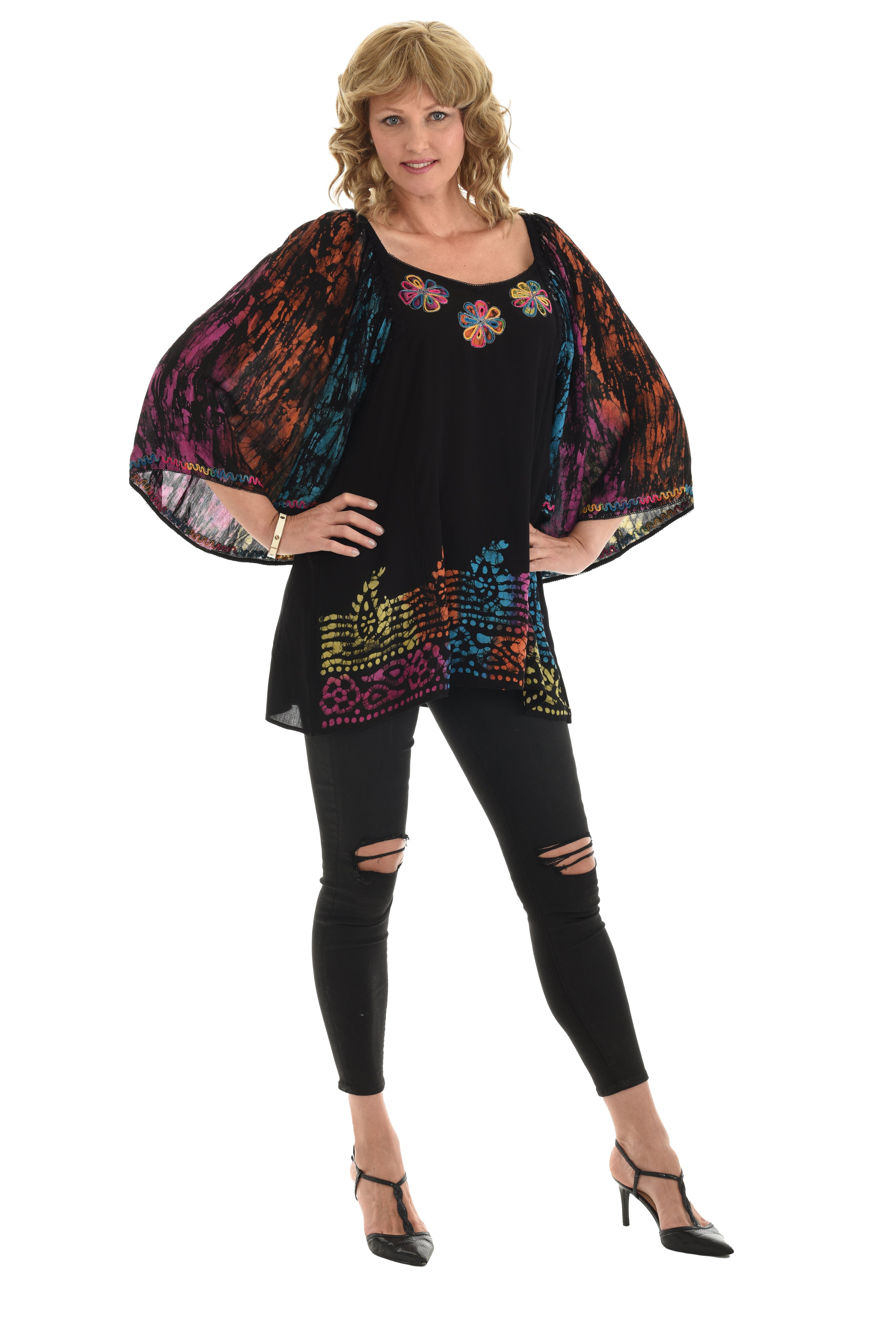 Three Quarter Sleeve Rayon Tunic with Floral Embroidered Embelishment