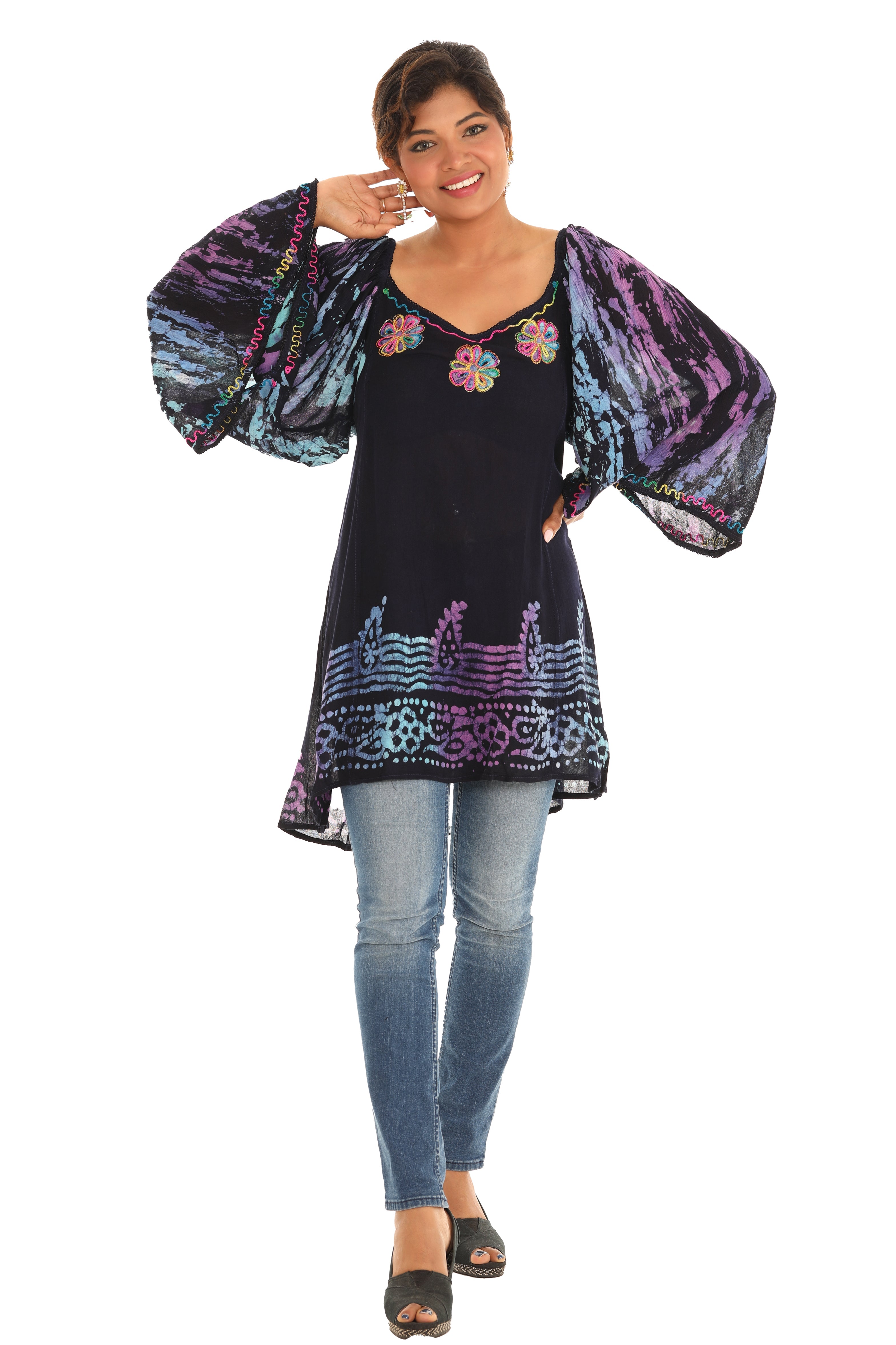 Three Quarter Sleeve Rayon Tunic with Floral Embroidered Embelishment