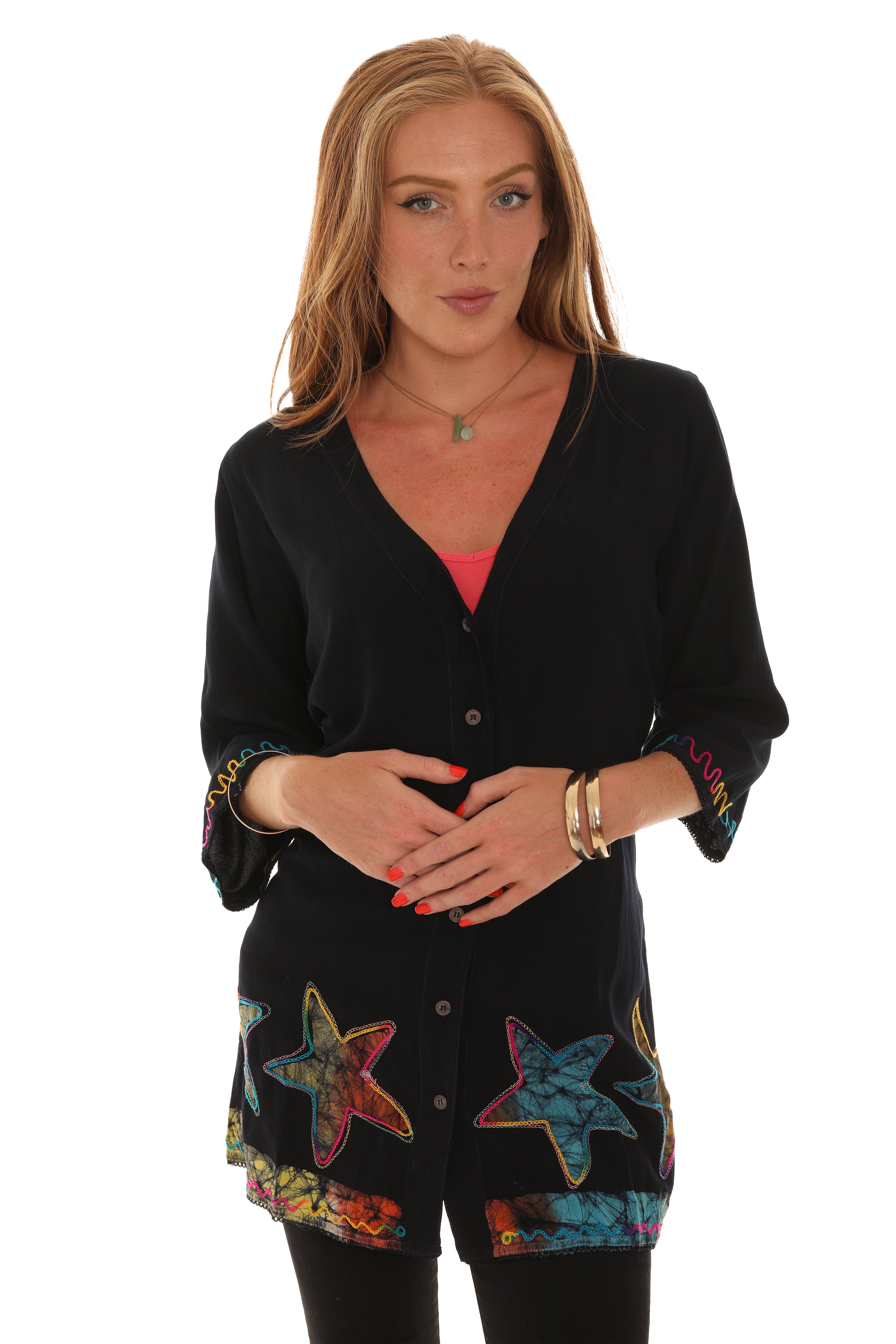 Rayon Button Up Rainbow Star Top - Charming Charlie