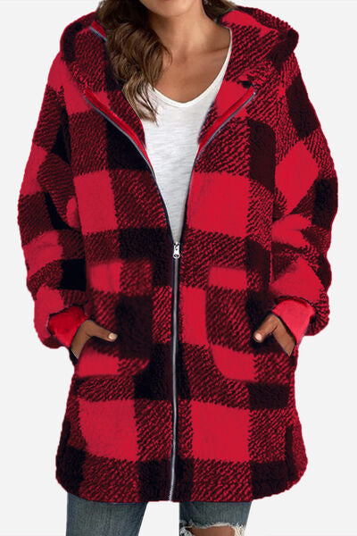 Double Take Full Size Plaid Long Sleeve Hooded Coat - Charming Charlie