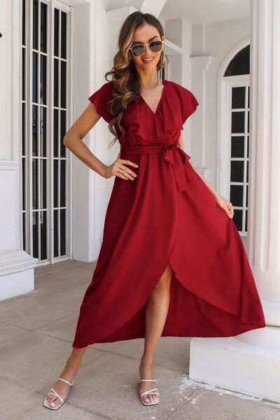 Surplice Tie Waist Long Sleeve Midi Dress