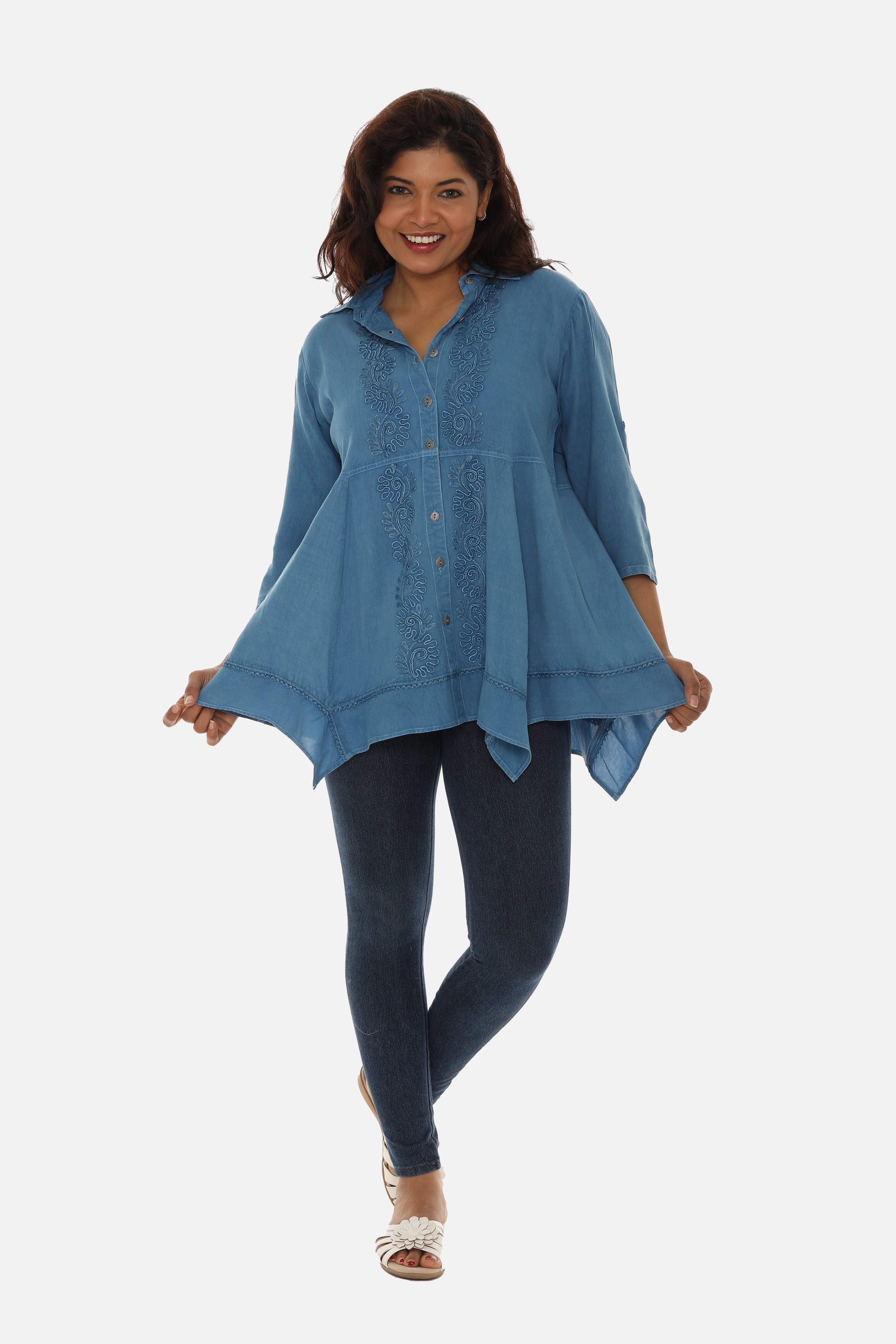 Women Buttton Down Embroidery Tunic