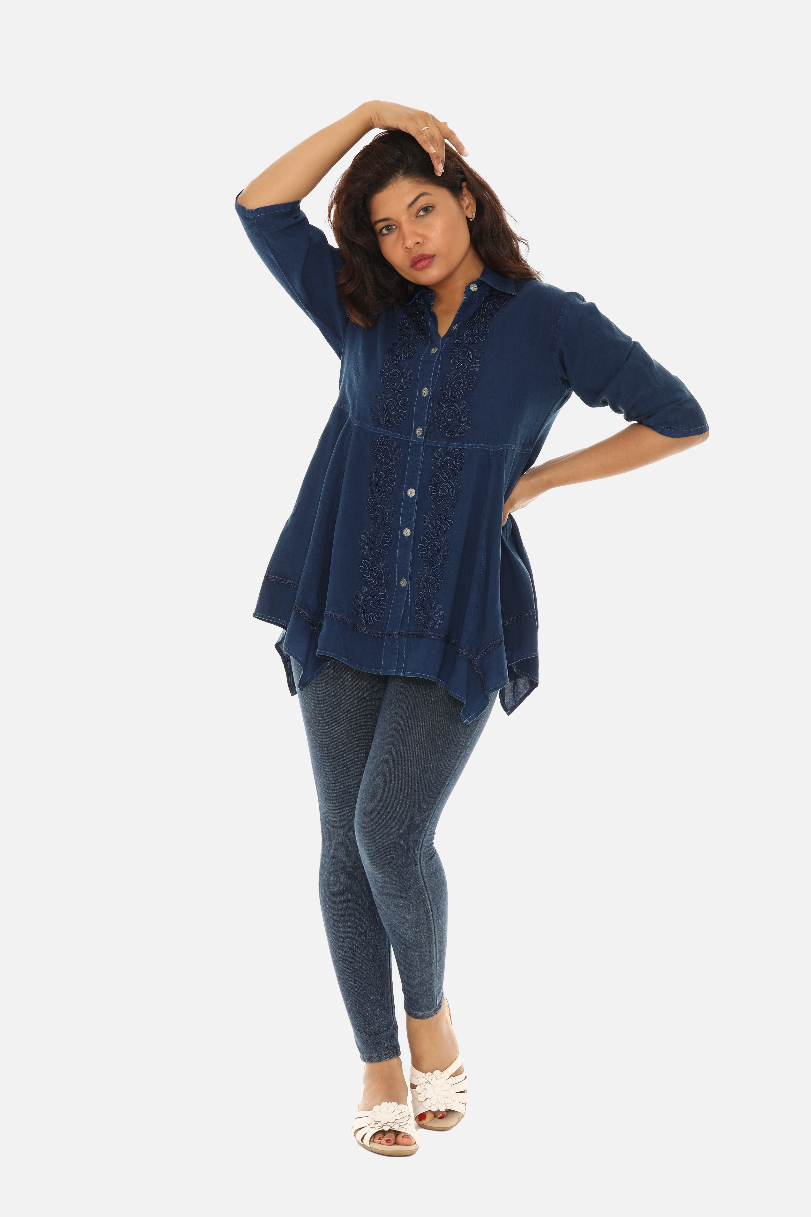 Women Buttton Down Embroidery Tunic