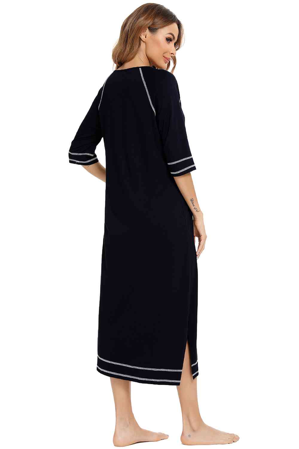 Zip Up Slit Round Neck Night Dress with Pockets main image 0