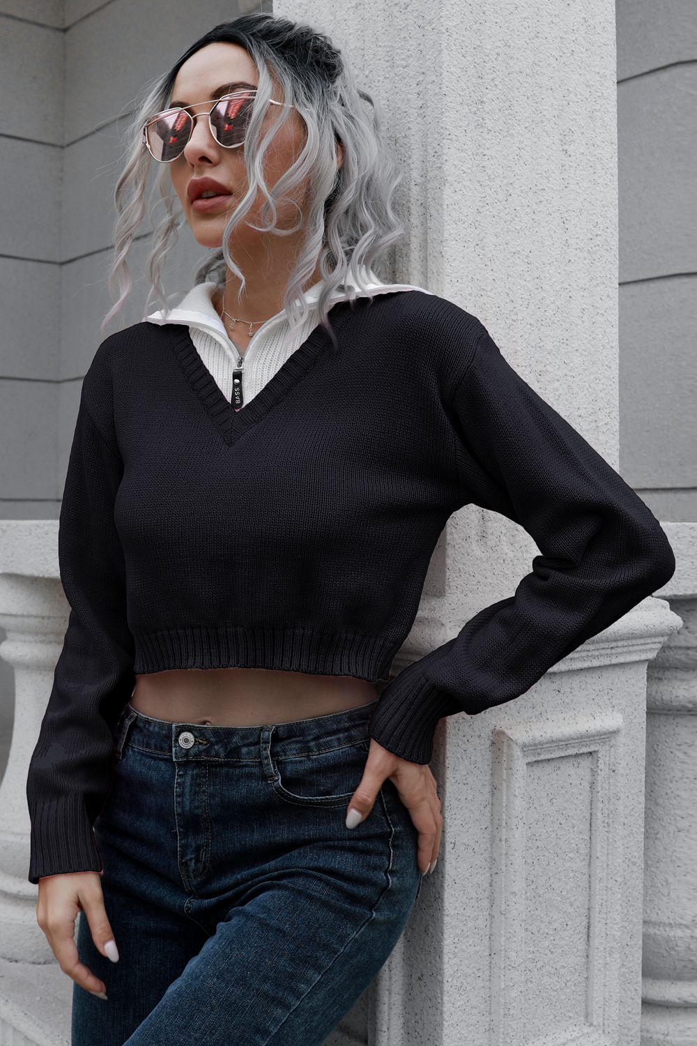 Contrast Collared Cropped Sweater – Charming Charlie