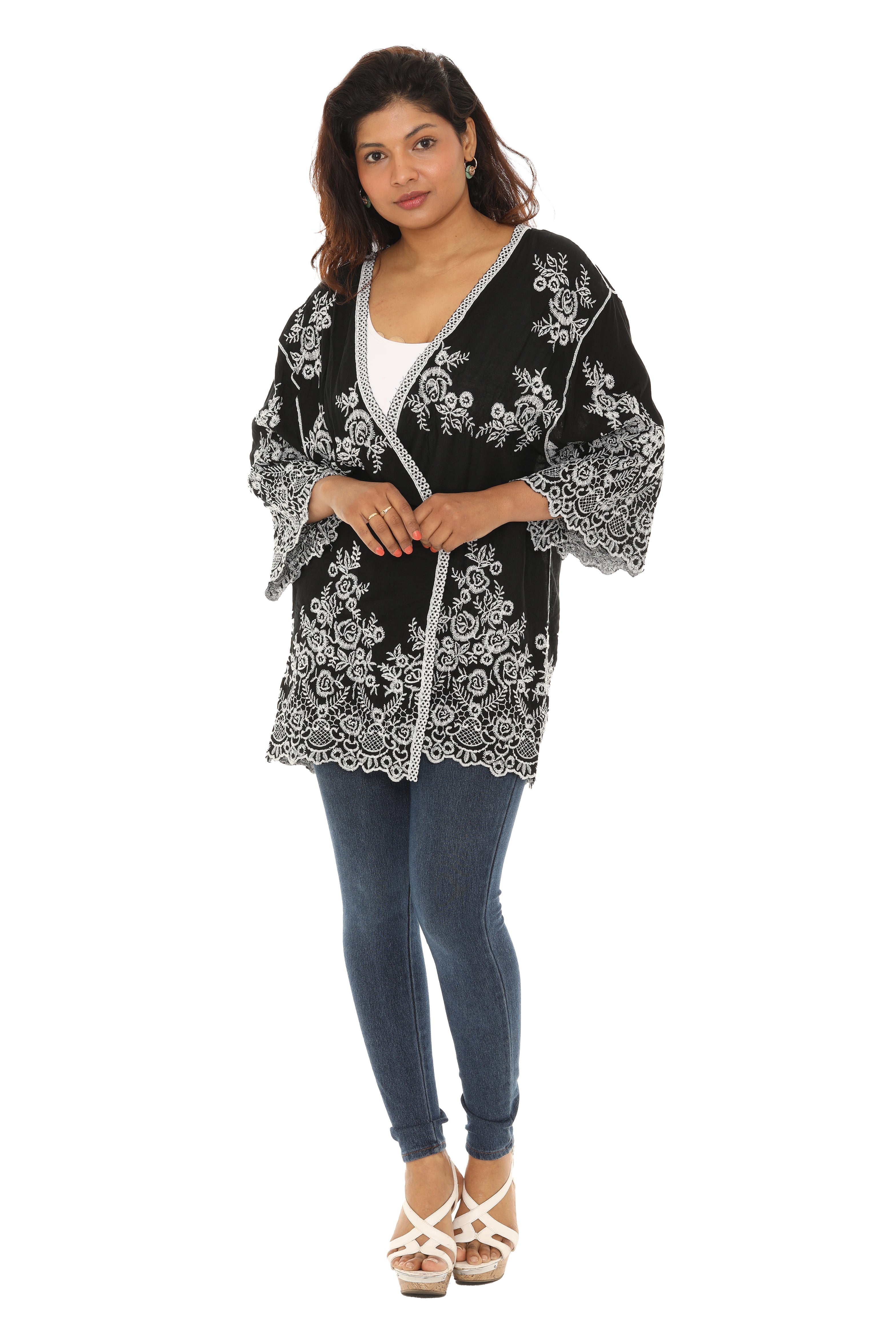 Black & White Embroidered Three-Quarter Sleeve Cardigan