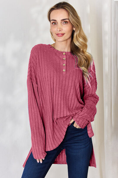 Basic Bae Full Size Ribbed Half Button Long Sleeve High-Low T-Shirt - Charming Charlie