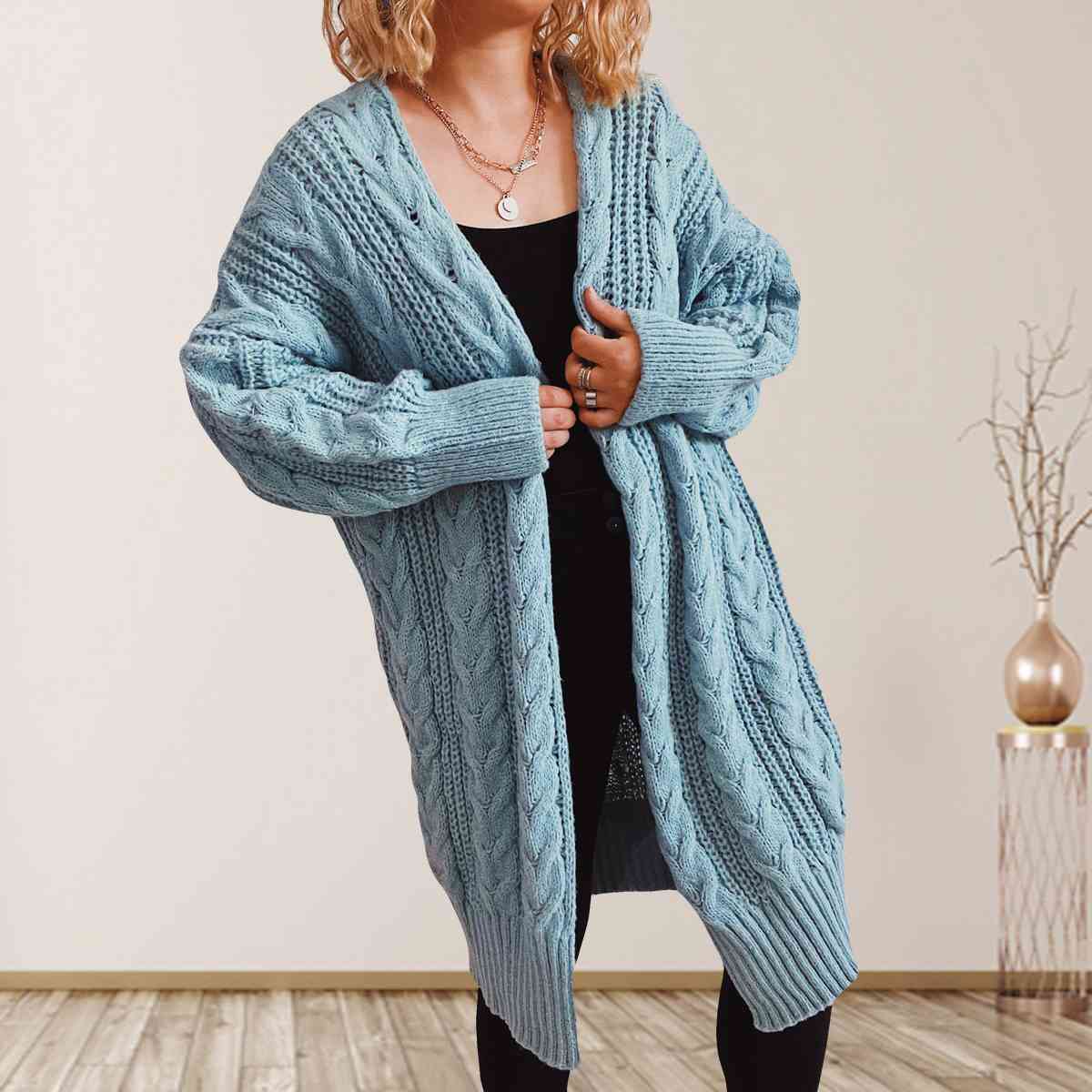 Cable-Knit Open Front Dropped Shoulder Cardigan – Charming Charlie