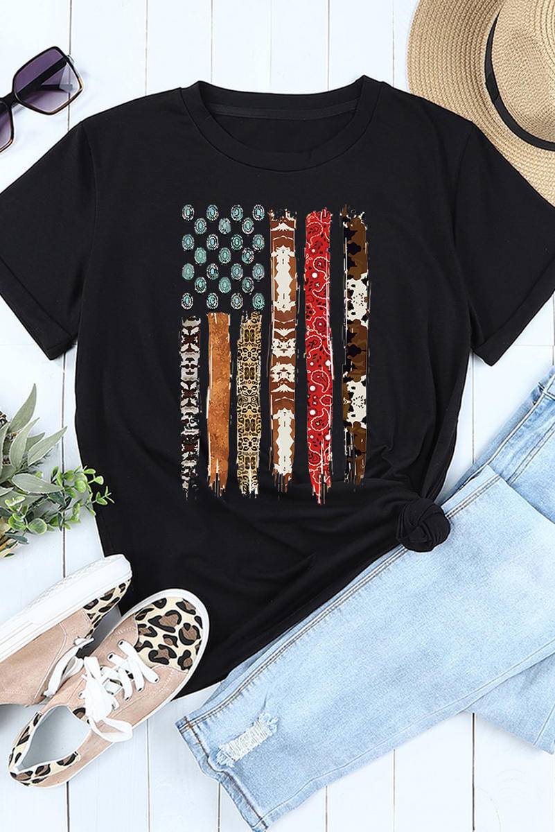 Black Western American Flag Print Short Sleeve Graphic Tee