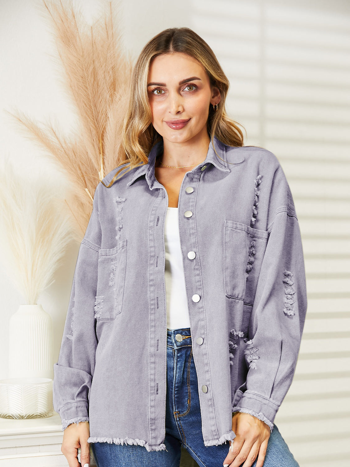 Distressed Raw Hem Denim Jacket Lilac / M Distressed Raw Hem Denim Jacket Lilac / M