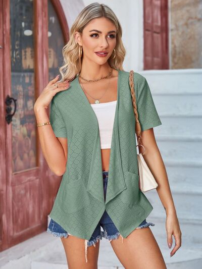 Eyelet Open Front Short Sleeve Cover Up - Charming Charlie