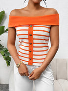 Decorative Button Striped Off-Shoulder Knit Top - Charming Charlie